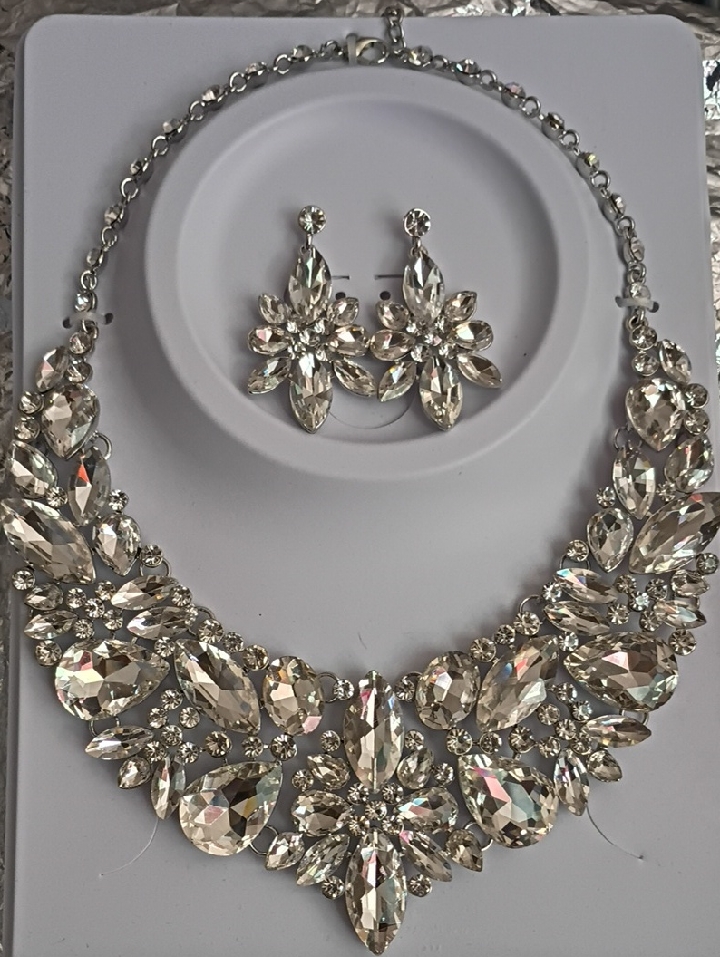 Crystal Statement Necklace And Earring Set  Silver Tone